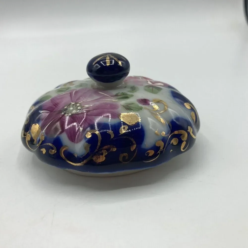 Antique Nippon Flow Blue Floral Creamer & Lidded Sugar Bowl Set Melon Gold Gilt